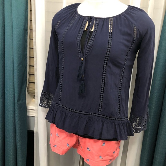 Navy Boho Peasant Tunic Blouse - Picture 2 of 10